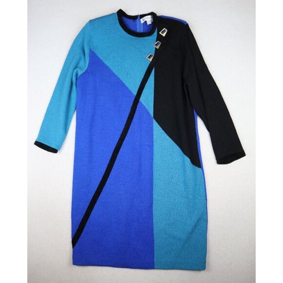 ANNE CRIMMINS FOR UMI COLLECTIONS - VINTAGE WOMEN'S BLUE PRINT SWEATER DRESS - L - Picture 2 of 11